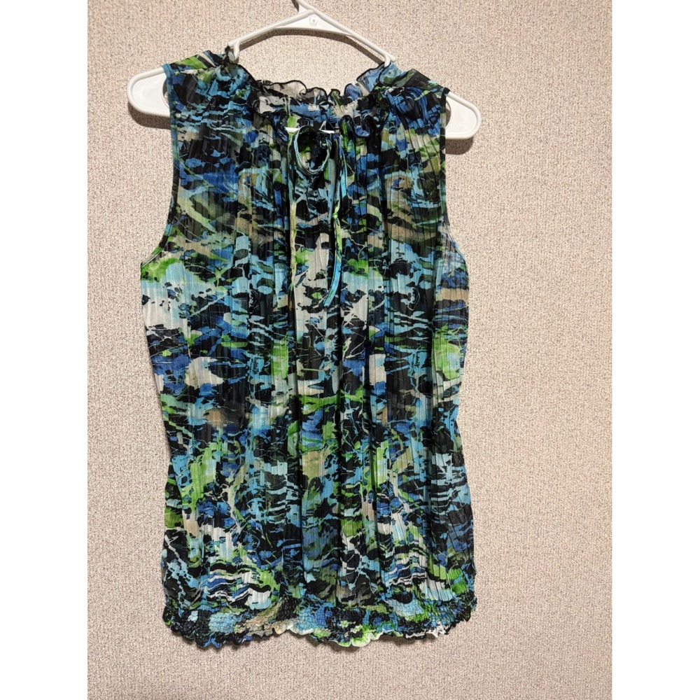 Relativity Womens 2X Blue Green Abstract Mesh Pleated Sleeveless Smocked Hem Top